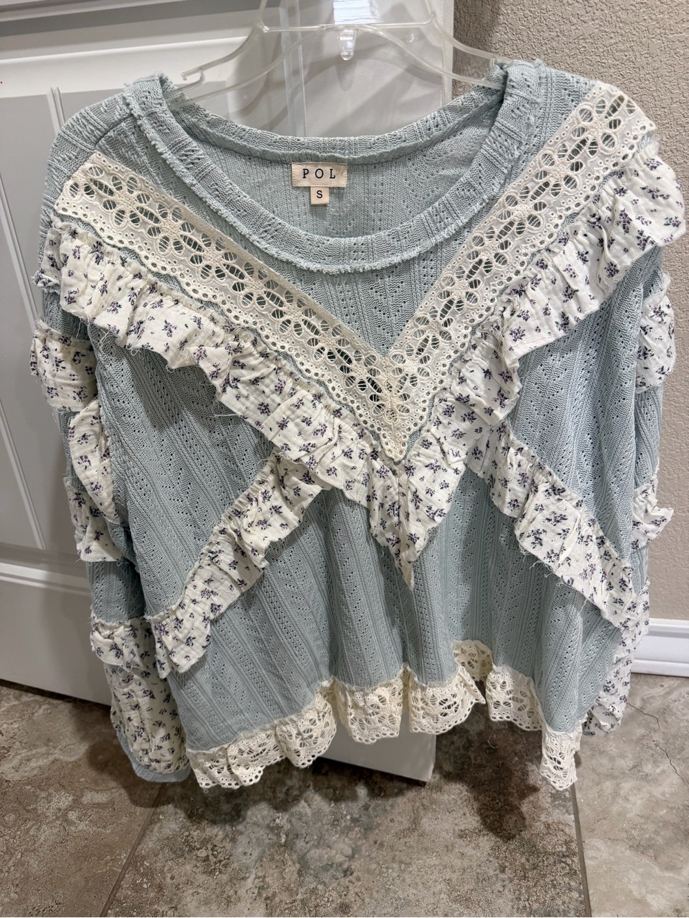 POL Light Blue Knit Sweater with Cream Lace & Floral Ruffles